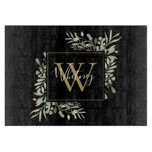 Planche À Découper Or Monogramme Floral Végétal Noir