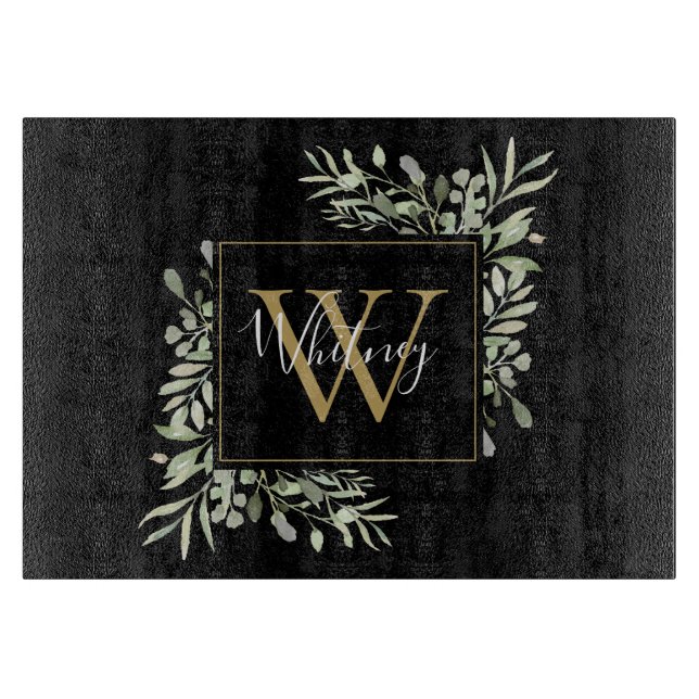 Planche À Découper Or Monogramme Floral Végétal Noir (Devant)