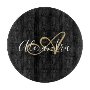 Planche À Découper Or Monogramme Initial Nom Chef en Noir