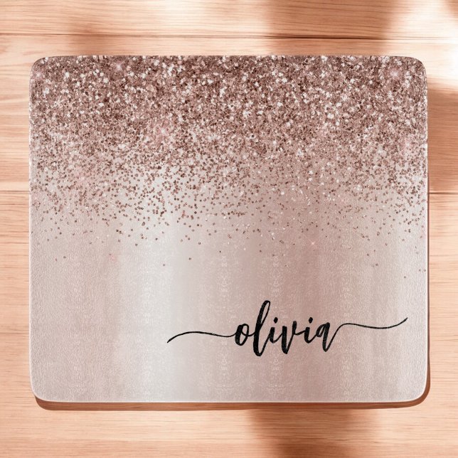Planche À Découper Or Rose Gold - Monogramme Nom Paillettes Rose Blus (Créateur téléchargé)