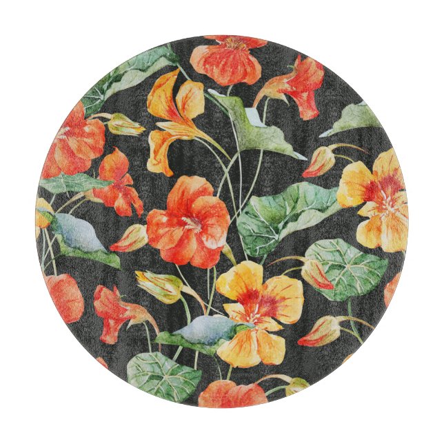 Planche À Découper Orange de Nasturtium : Aquarelle Motif foncé. (Devant)