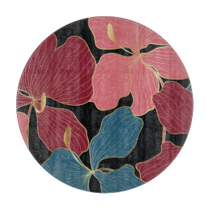 Planche À Découper Orchidées d'or, art floral élégant.