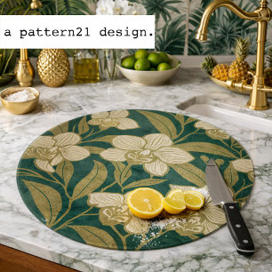 Planche À Découper Orchidées sur motif vert émeraude