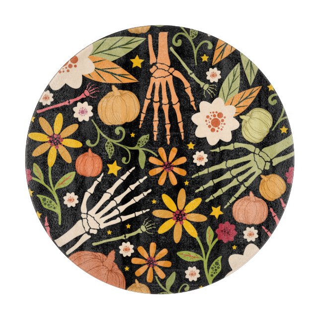 Planche À Découper Os d'Halloween, motif floral sans couture. (Devant)