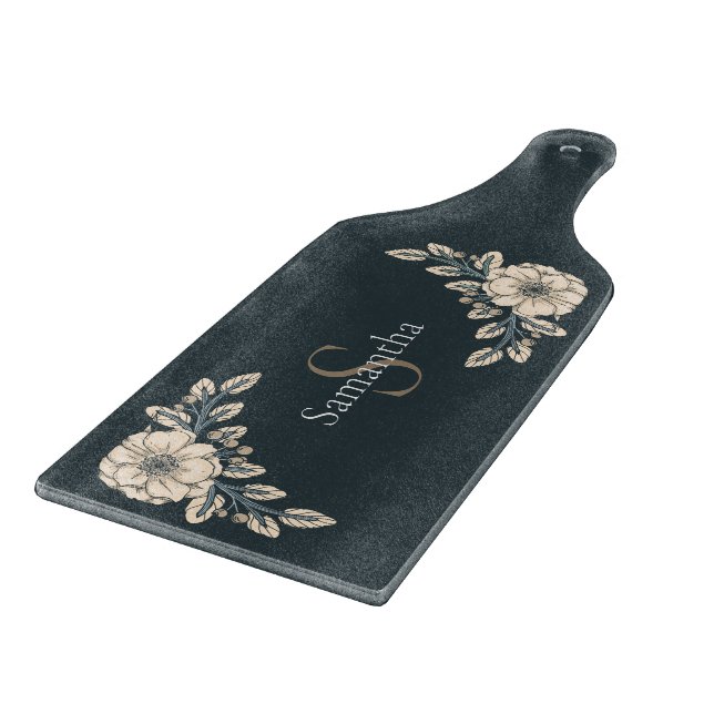 Planche À Découper Oxford Blue Gold Monogramme Fleurs élégantes (Coin)