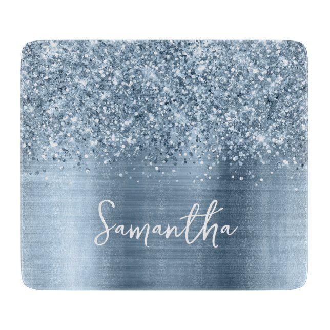 Planche À Découper Paillettes Bleu Clair Glamour Nom (Devant)