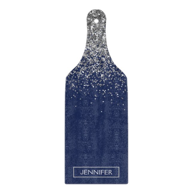 Planche À Découper Paillettes Bleu Marine Argenté Monogramme Nom Fémi (Devant)