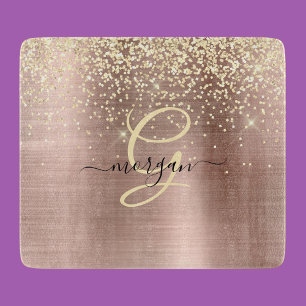 Planche À Découper Paillettes dorées, monogramme doré, nom en script