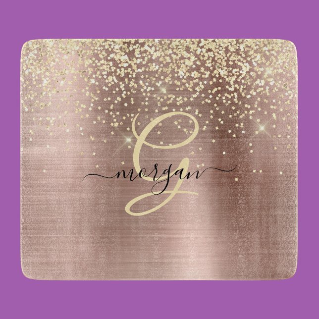Planche À Découper Paillettes dorées, monogramme doré, nom en script  (Créateur téléchargé)