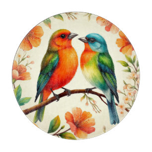 Planche À Découper Paire d'oiseaux colorés assis au milieu de florais
