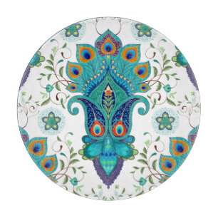 Planche À Découper Paisley orientale, motif en plumes paon.