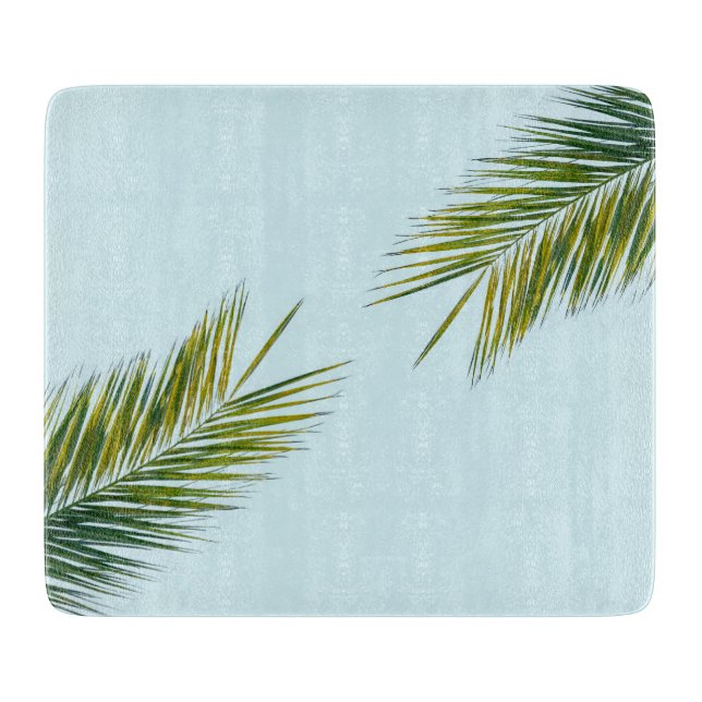Planche À Découper Palmier Vert Tropical sur Fond Bleu Clair (Devant)
