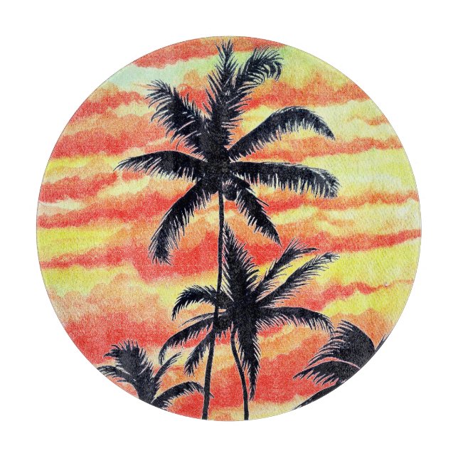 Planche À Découper Palmiers de Coco-Coques Couchés De Soleil Hawaïen (Devant)