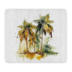 Planche À Découper Palmiers verts avec noix de coco aquarelle tropiqu