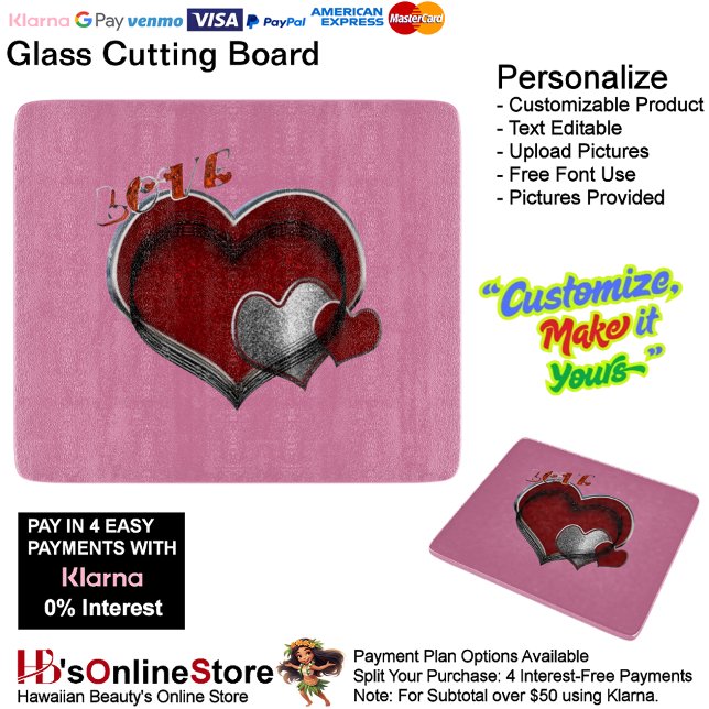 Planche À Découper Panneau de découpe en verre rose magique Heart 15, (Love Heart Pink Cooking Kitchen Glass Cutting Board.)