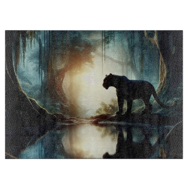 Planche À Découper Panthère noire réfléchie dans l'eau dans la glace  (Devant)