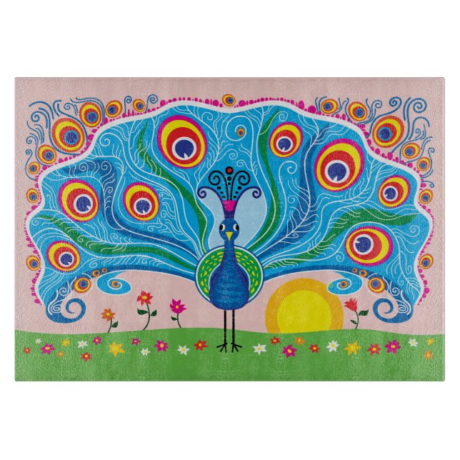 Planche À Découper Paon avec des fleurs (Devant)