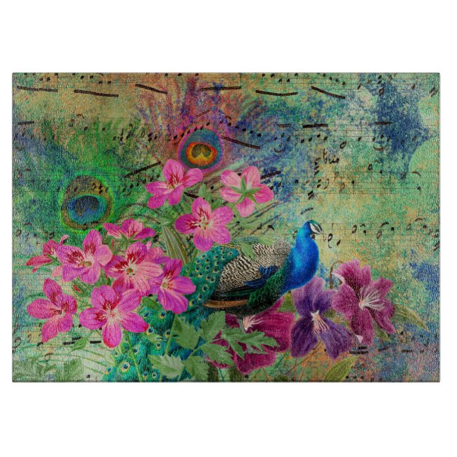 Planche À Découper Paon et fleurs grunge illustrés antiques (Devant)