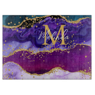 Planche À Découper Paon Violet et Bleu Faux Paillettes Agate