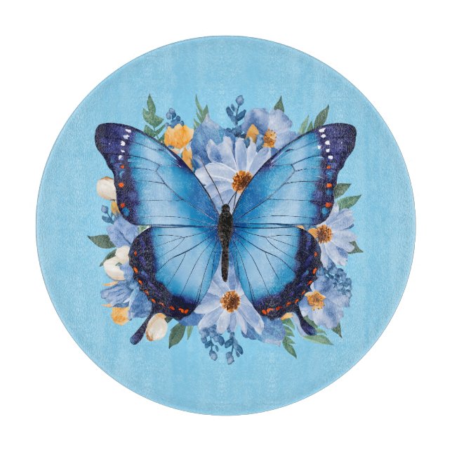 Planche À Découper Papillon bleu gracieux sur floral (Devant)