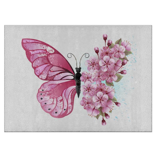 Planche À Découper Papillon de fleurs avec Sakura rose (Devant)