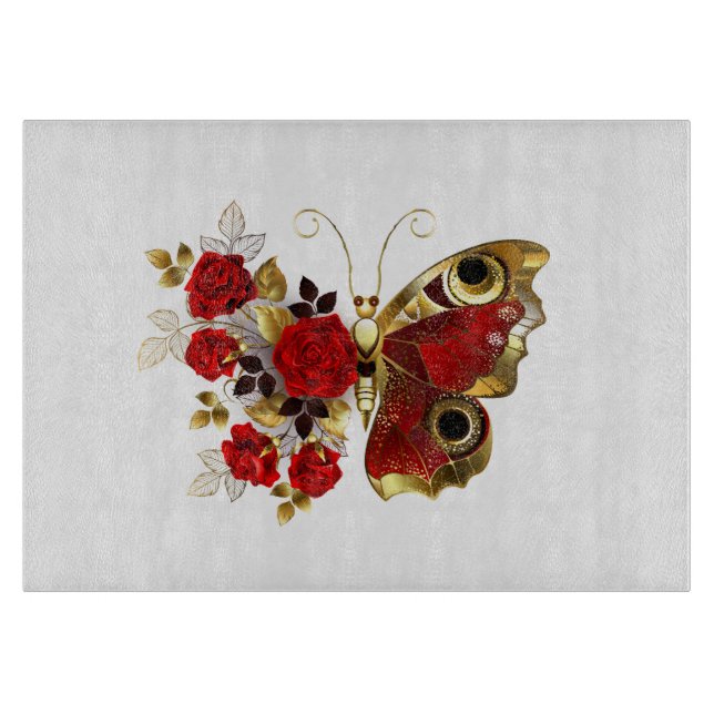 Planche À Découper Papillon de fleurs rouges aux roses rouges (Devant)