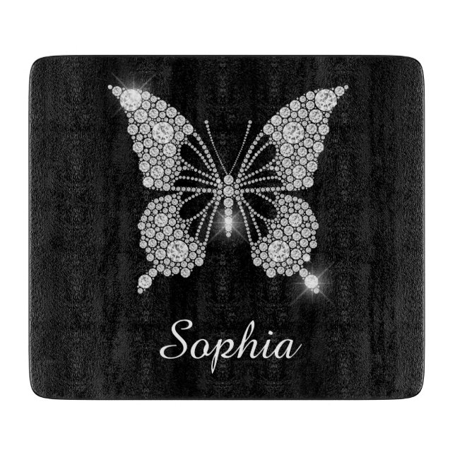 Planche À Découper Papillon Diamant Blanc, Nom de Script DIY, Noir (Devant)