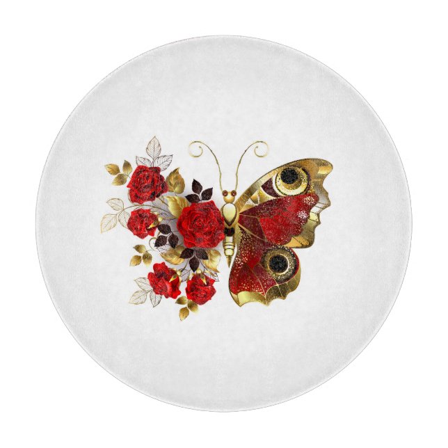 Planche À Découper Papillon fleur rouge avec des roses rouges (Devant)