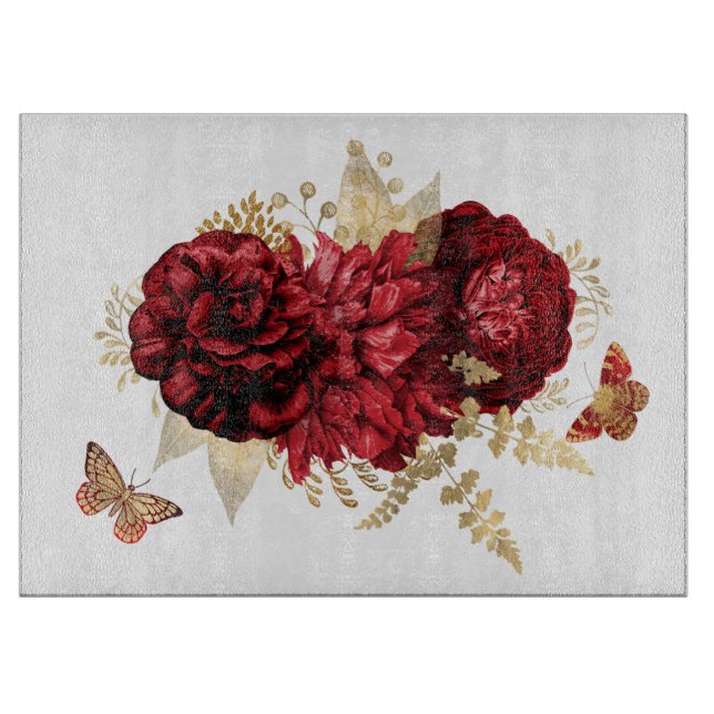 Planche À Découper Papillon floral d'or rouge rose (Devant)