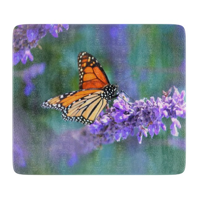 Planche À Découper Papillon Monarque sur Fleur violette lilas (Devant)