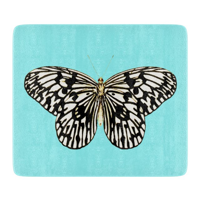 Planche À Découper Papillon noir et blanc, arrière - plan turquoise (Devant)