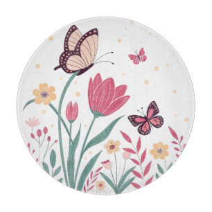 Planche À Découper Papillons aux tulipes roses et marguerites jaunes