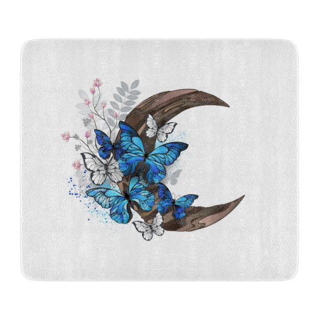 Planche À Découper Papillons bleus sur croissant en bois (Devant)