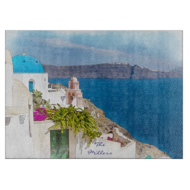 Planche À Découper Paradis Grec. Peinture d'aquarelle de Santorini (Devant)