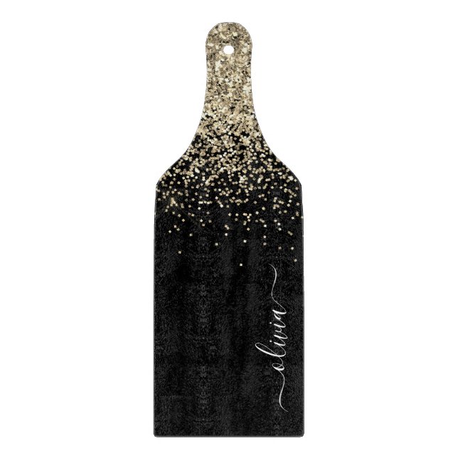 Planche À Découper Parties scintillant Noir Or Script Monogramme Nom  (Devant)