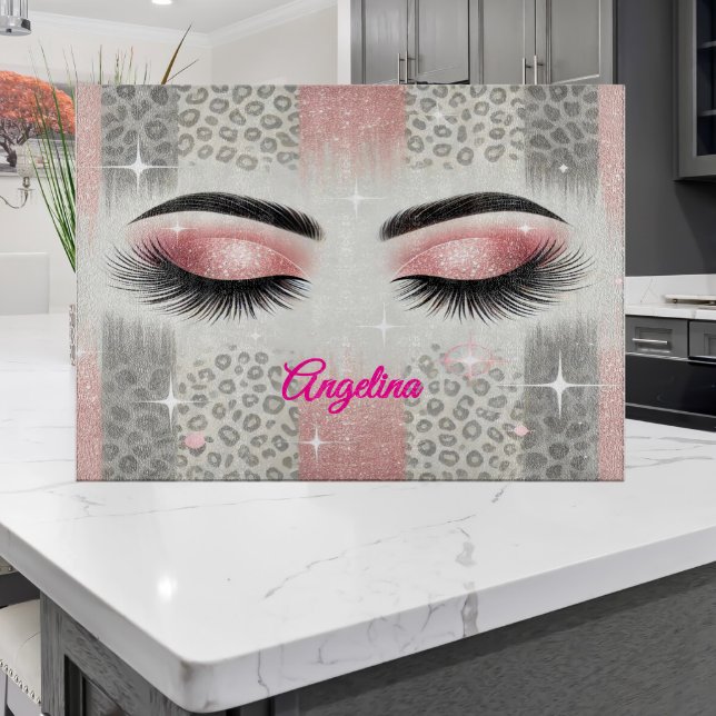 Planche À Découper Parties scintillant rose cils (Pink glitter lashes cutting board — glam gift for bridal party, bachelorette, or birthday)