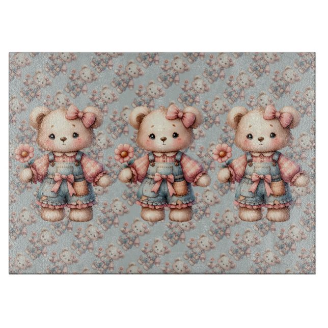 Planche À Découper Pastel Teddy Bear Holding Flower Wear Overalls (Devant)