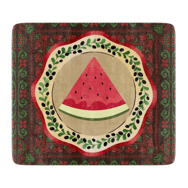 Planche À Découper pastèque sur plaque d'olive avec tatreez palestini (Devant)