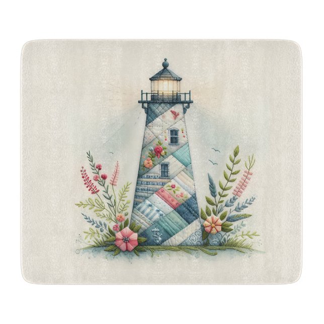 Planche À Découper Patchwork Lighthouse Coastal Floral Scene (Devant)