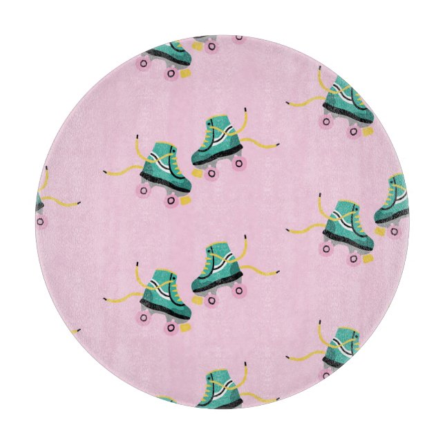 Planche À Découper Patins à rouleaux rétrogrades : motif rose. (Devant)