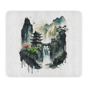 Planche À Découper Paysage antique de l'encre chinoise avec cascade
