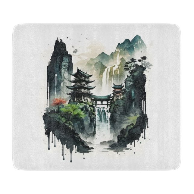 Planche À Découper Paysage antique de l'encre chinoise avec cascade (Devant)