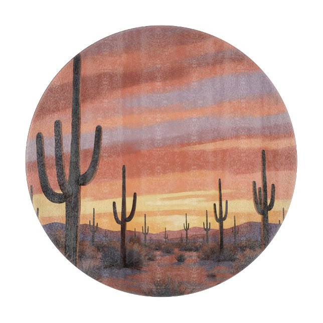 Planche À Découper Paysage de coucher de soleil désert avec cactus sa (Devant)