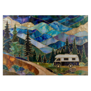 Planche À Découper Paysage de montagne de camping en vitrail
