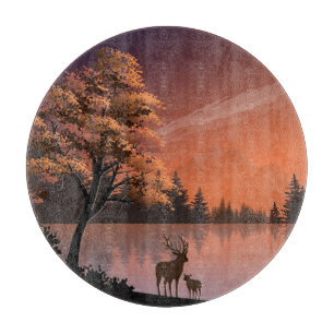 Planche À Découper Paysage du lever du soleil avec lac et Deers-51207