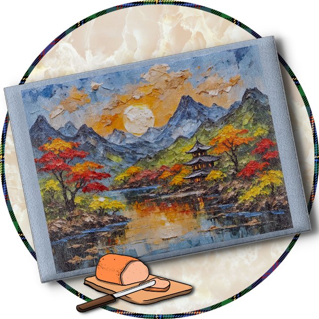 PLANCHE À DÉCOUPER - Paysage japonais avec pagode (A colorful Asian landscape scene is featured on this beautiful glass Cutting Board.)