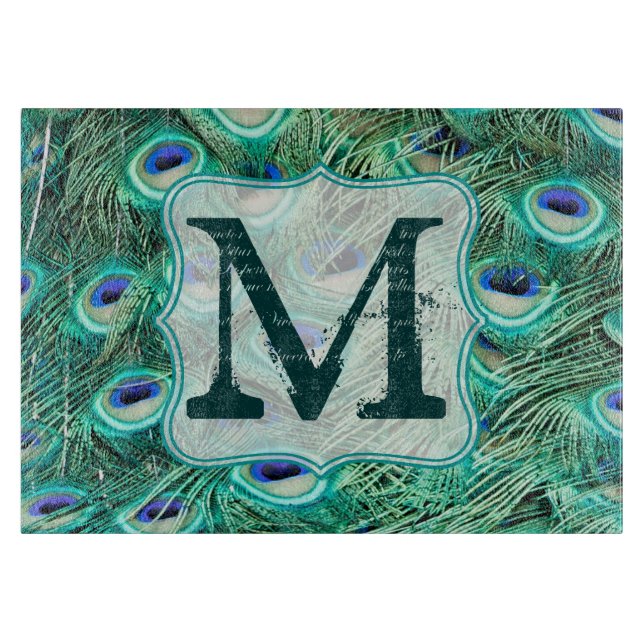 Planche À Découper Peacock Bird Feather Monogram Glass Cutboard (Devant)