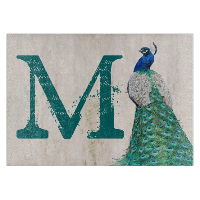 Planche À Découper Peacock Bird Feather Monogram Glass Cutboard (Devant)