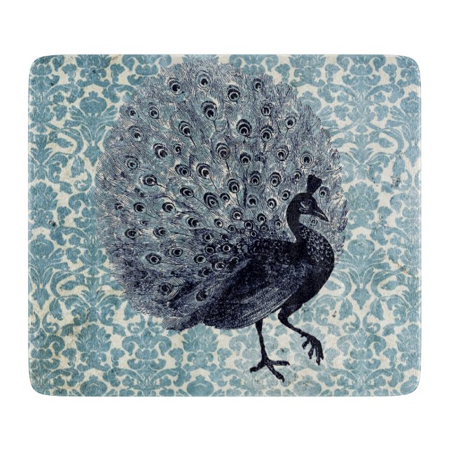 Planche À Découper Peacock vintage en Carré bleu (Devant)