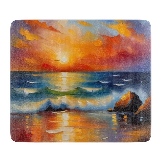 Planche À Découper Peinture à l'huile de couché de soleil orange sur  (Devant)